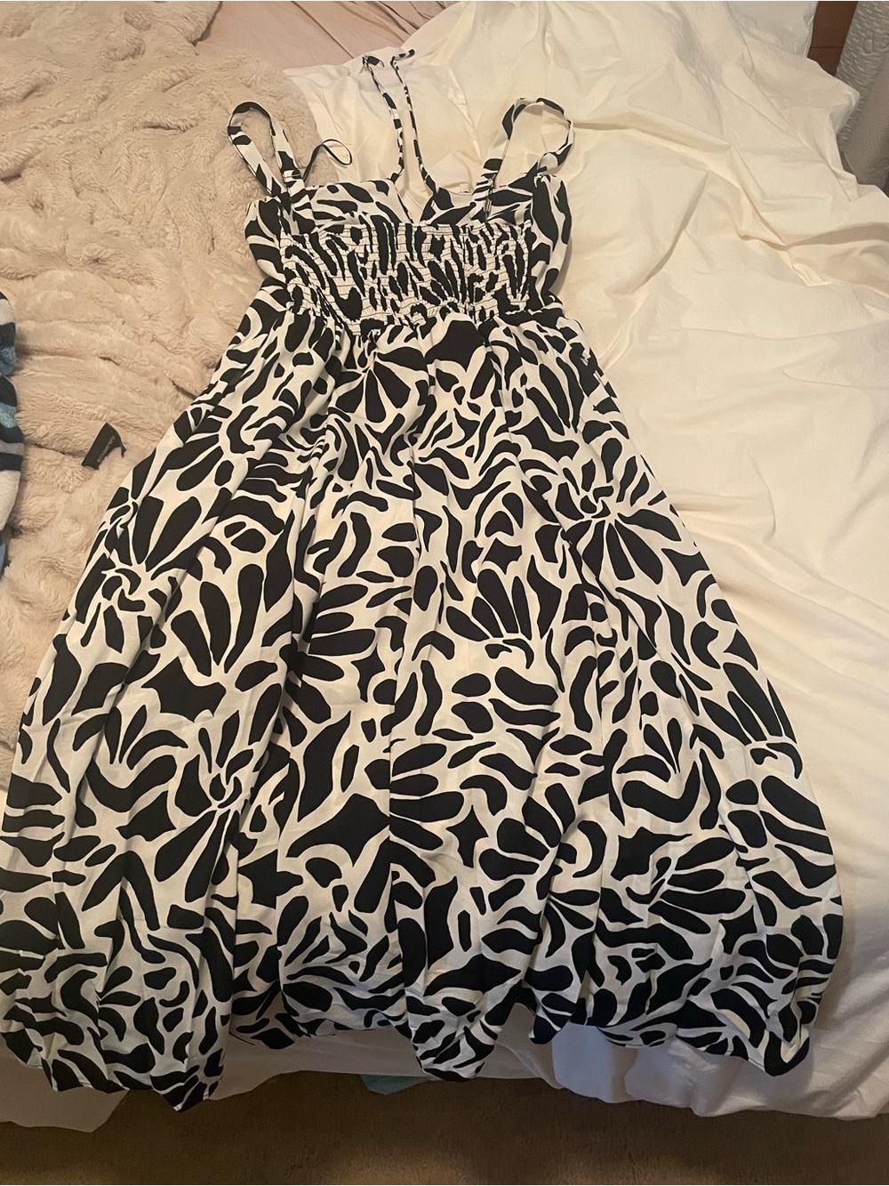 Printed Square Neck Bow Front Smocked Back Midi Dress